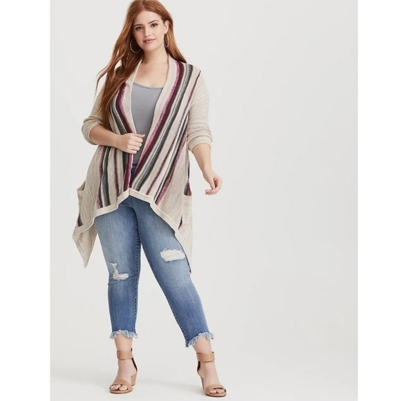 torrid Sweaters - TORRID Multi-Color Striped Open-Front Waterfall Knit Cardigan Women's 1X Layer
